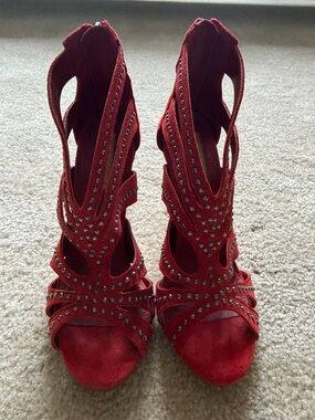Two Lips Red Studded Cutout High Heel Sandals